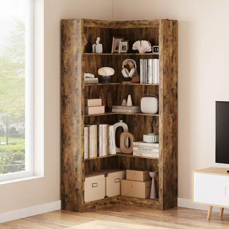 Nero/Bianco/Legno/Retrò, Scaffale angolare a L, 5 ripiani, Singolo