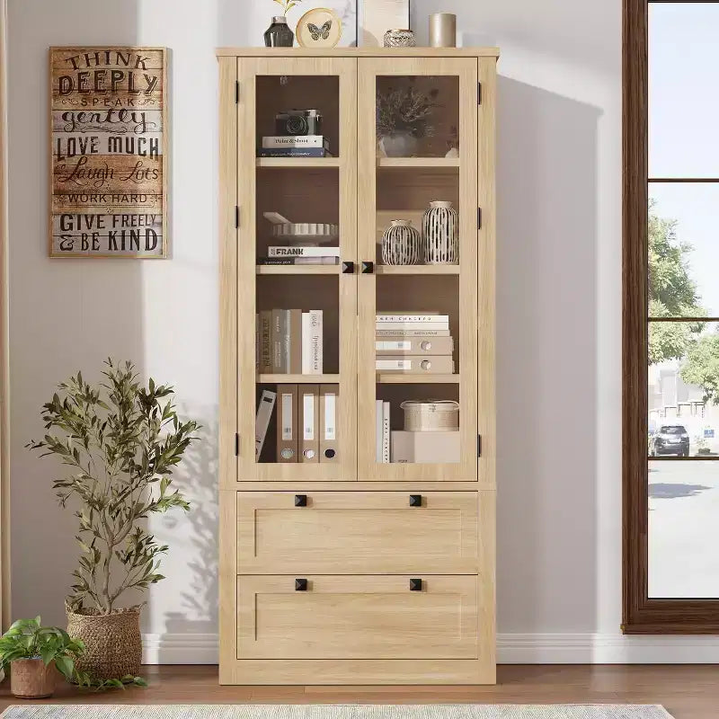 Mobile dispensa da cucina colonica con ante in vetro, armadio contenitore da 72 pollici con cassetti e ripiani regolabili per sala da pranzo, bagno, soggiorno