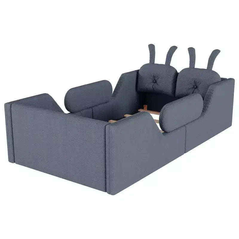 Letto a piattaforma Whisen Twin, struttura letto imbottita per bambini con cuscino a coniglio, sponde laterali rimovibili
