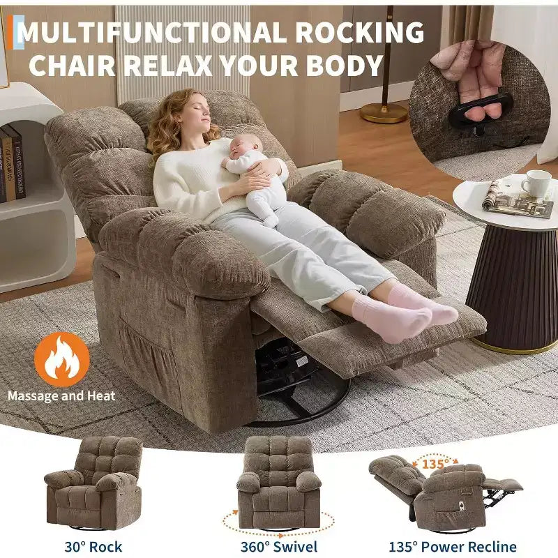 Poltrona Reclinabile Massaggiante con Funzione Calore - Girevole a 360° e a Dondolo, Poltrona Singola Grande con Vibrazione, USB e Tasche Contenitore per Salotto/Camera da Letto