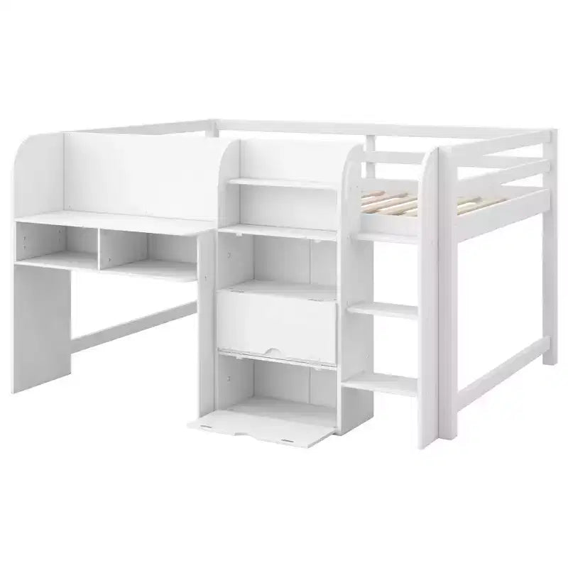 Letto a soppalco basso rosa/bianco con scrivania, contenitore e lavagna bianca - Singolo, 1 persona