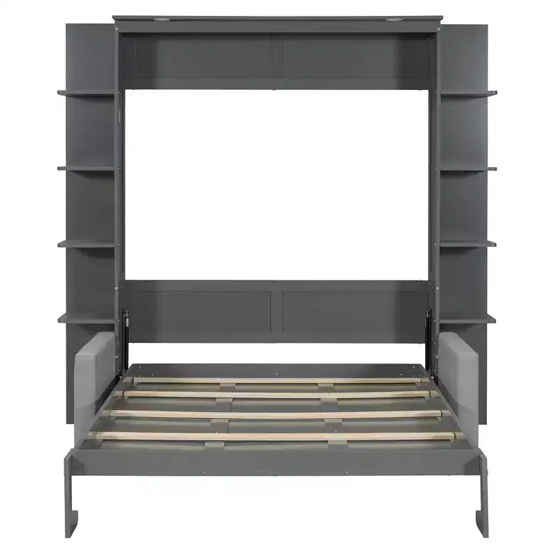 Letto a scomparsa Whisen Modern Design con struttura in legno, Queen Size, con divano e mensole