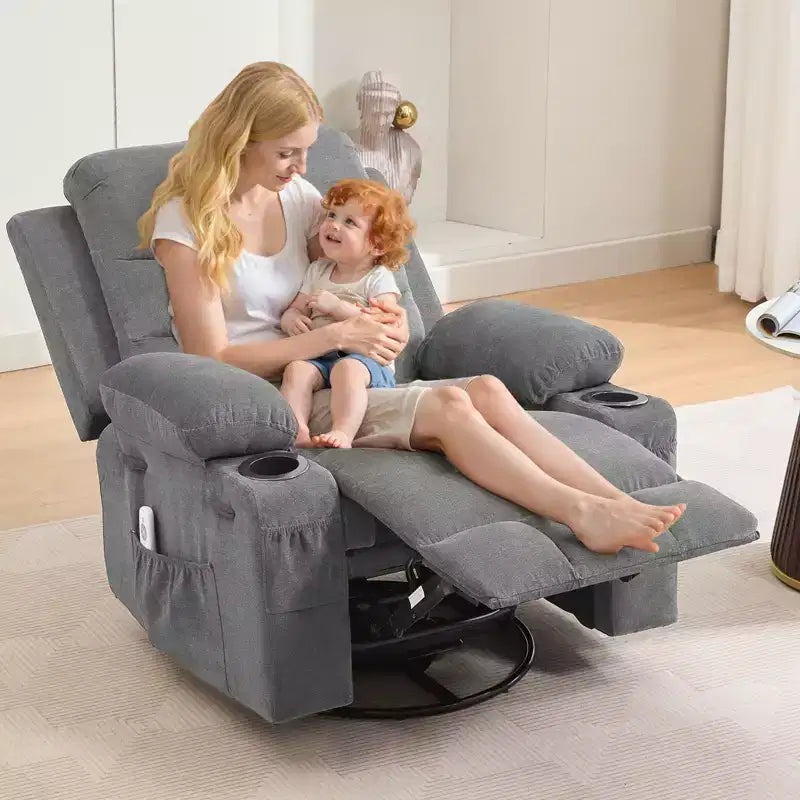Poltrona Reclinabile Girevole a Dondolo con Massaggio e Riscaldamento, Girevole a 360° con Portabicchieri e Tasche Laterali, Divano Ergonomico per Soggiorno, Camper, Cameretta