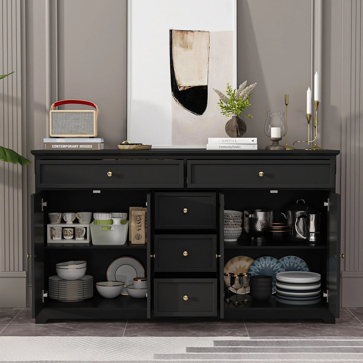 59.1'' Credenza Buffet Bianco Laccato Mid-Century Modern Contemporaneo