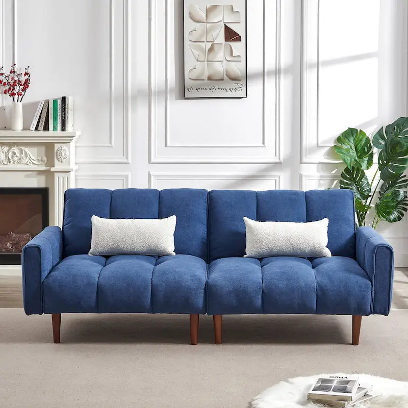Divano letto futon convertibile con posizioni regolabili e gambe in legno
