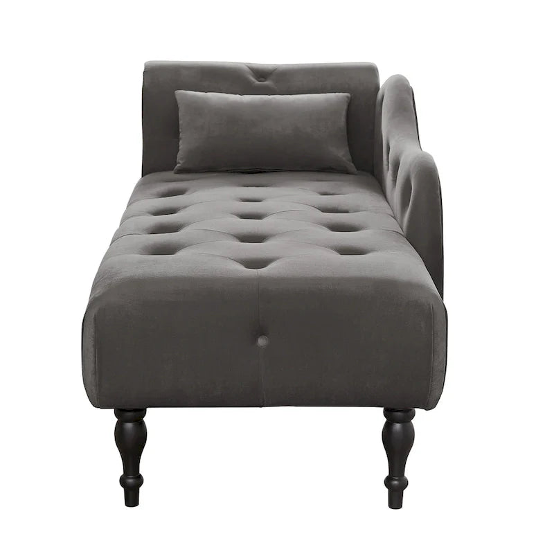 Moderna Chaise Longue da 60.6" in Velluto Imbottito con Bottoni Capitonnè, Gambe in Legno Massello e Borchie