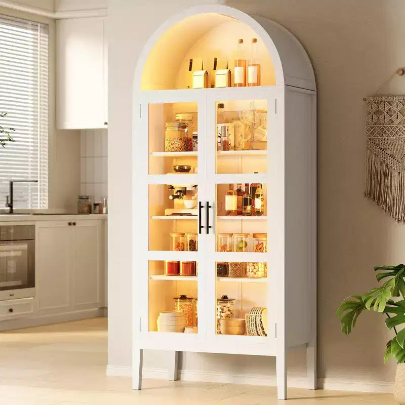 Mobiletto contenitore, Nero/Bianco, Stile ad arco, Singolo, Alto 71 con Luci LED e Ante in Vetro