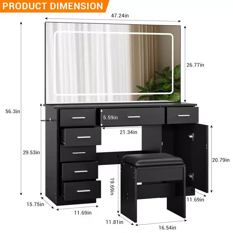 Moderna Toeletta con Grande Specchio, 7 Cassetti, Luci LED, Sedia, 3 Modalità di Illuminazione, Porta Asciugacapelli e Stazione di Ricarica per Camera da Letto