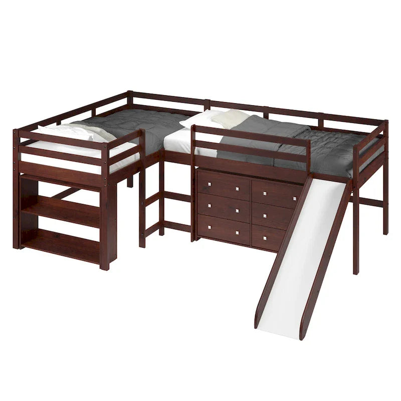 Letto a soppalco con scivolo a elle doppio e doppio in stile Dark Cappuccino