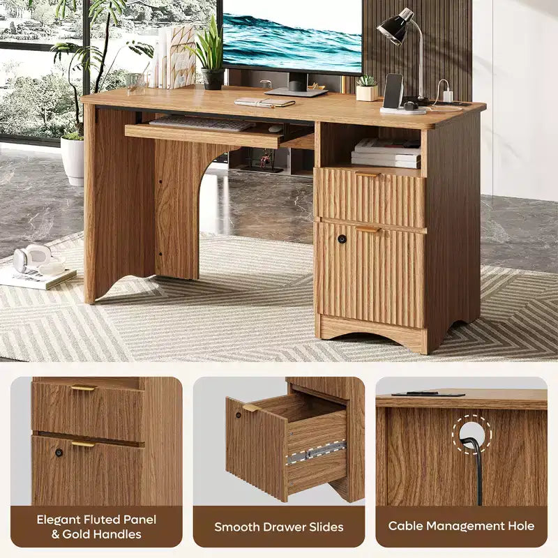 Bestier Scrivania per computer Smart 55", Scrivania in rovere con cassetti per documenti e presa di corrente, Scrivania direzionale con scomparti aperti e vassoio per tastiera