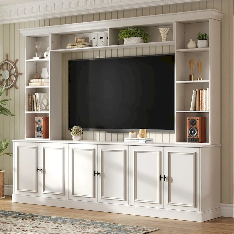 Mobile TV a parete con 4 pezzi e ponte, per televisori fino a 70", porta TV con ripiani regolabili, ampia console multimediale