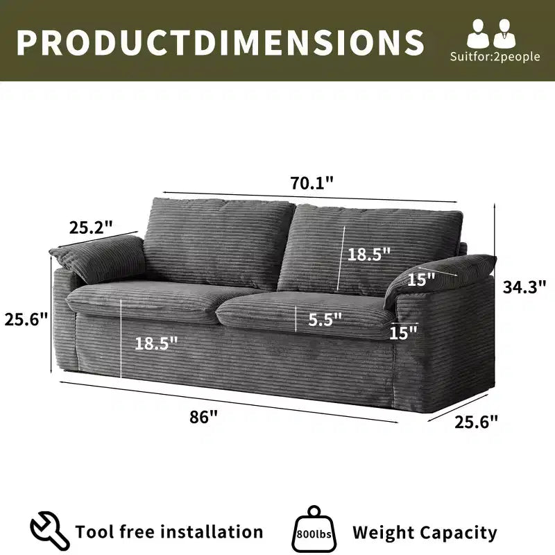 Dyonery 86 Divano a due posti Cloud, Seduta Profonda e Ampi Braccioli con Cuscini, Telaio Robusto, Design Ergonomico Traspirante