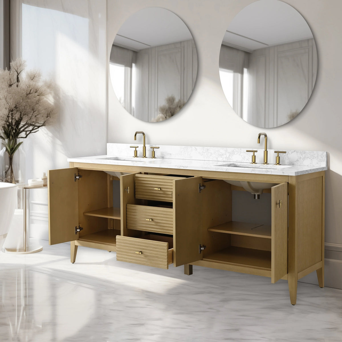 Mobile lavabo doppio Vanity Art 72 per bagno, con top in marmo tecnico