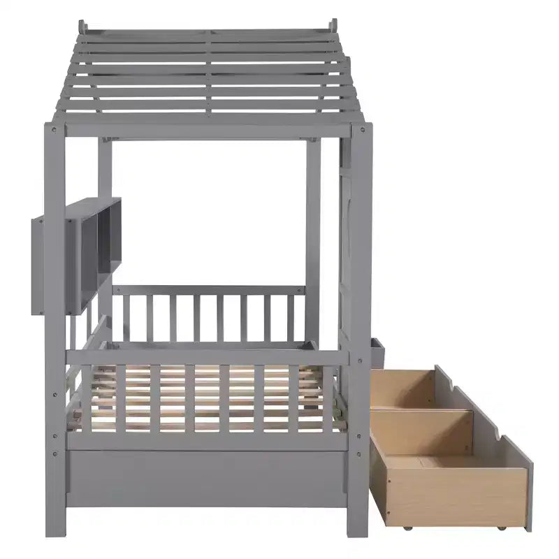 Letto in legno a forma di casa Twin/Full Size con 2 cassetti, letto per bambini con scaffale portaoggetti - ModernLuxe