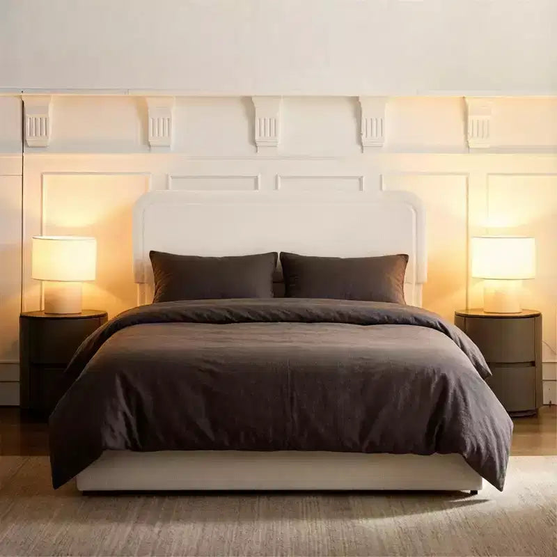 Letto matrimoniale moderno imbottito in bouclé con cassetti contenitori
