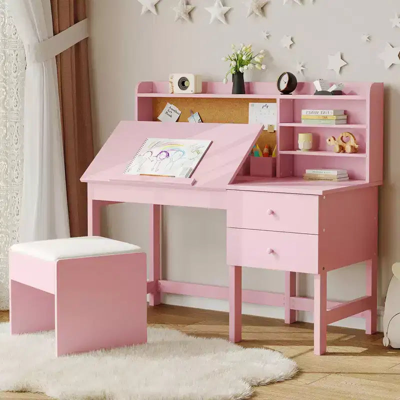 Set Scrivania e Sedia per Bambini, Tavolo da Studio in Legno con Piano Inclinabile Regolabile, Cassetti e Bacheca in Sughero - Set Scrivania per la Scuola dei Bambini