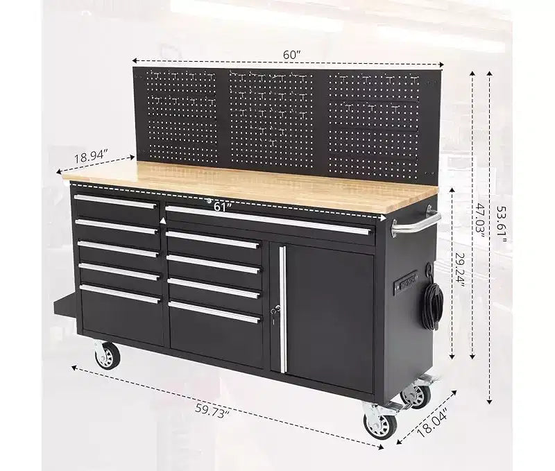 Cassettiera portautensili mobile a 10 cassetti da 61 pollici e banco da lavoro da garage con ciabatta elettrica, piano in legno di gomma massiccio, portata di 1675 libbre, armadio mobile per workstation per impieghi gravosi