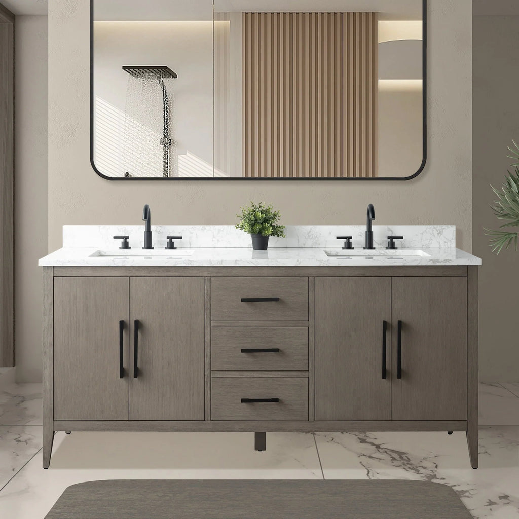 Mobile lavabo doppio Vanity Art 72 per bagno, con top in marmo tecnico
