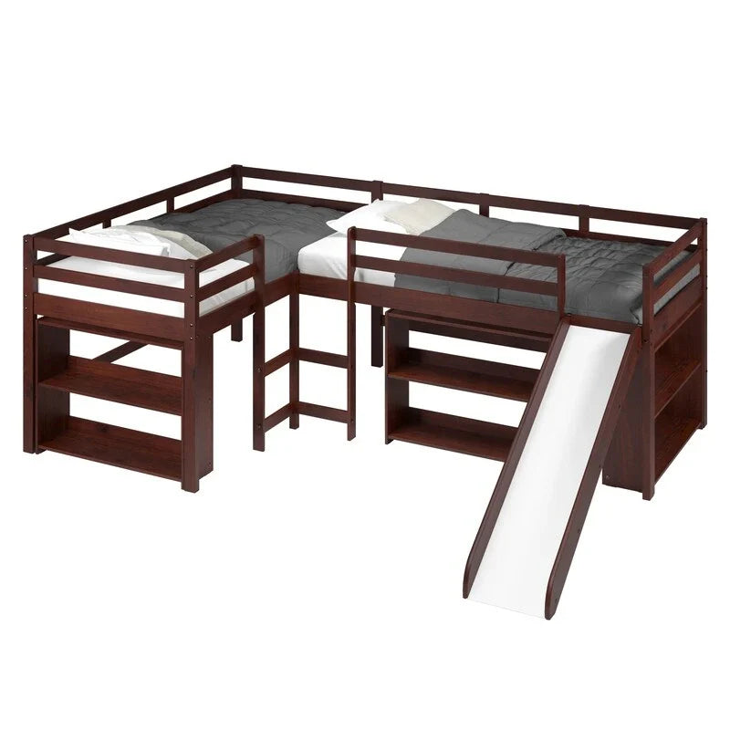 Letto a soppalco con scivolo a elle doppio e doppio in stile Dark Cappuccino