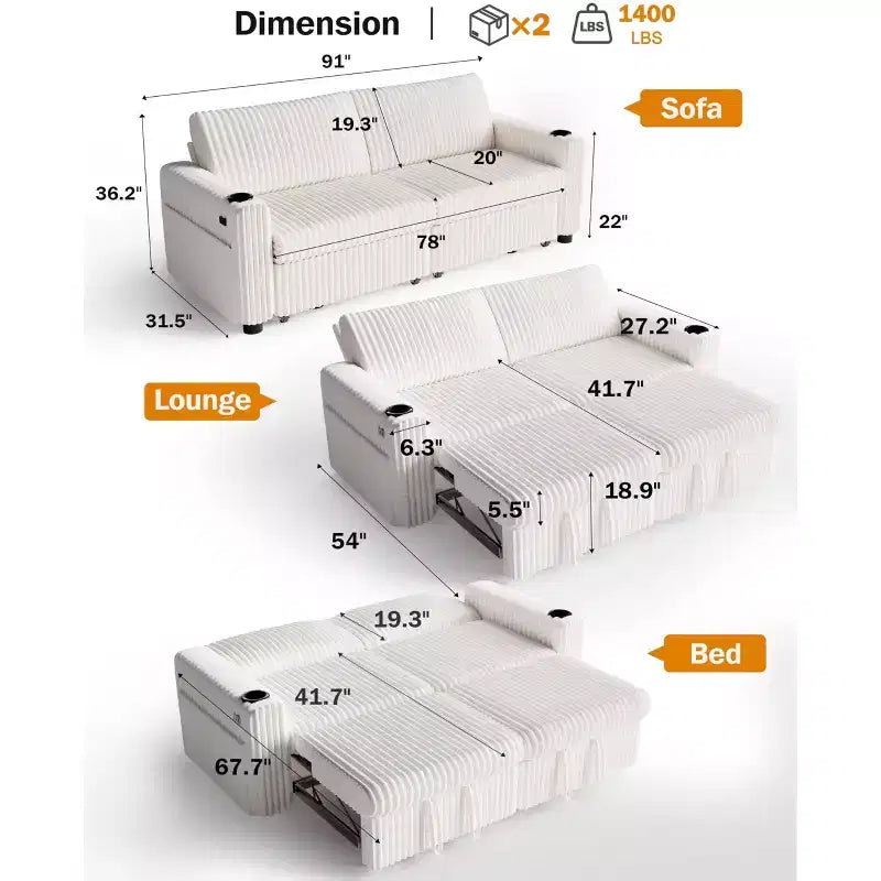 Divano letto componibile Dyonery 91 con letto estraibile, schienale reclinabile/due letti estraibili/porte USB/portabicchieri, velluto a coste felpato
