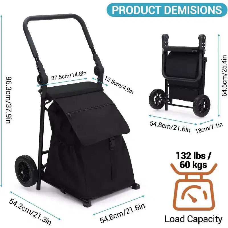 Acekool Carrello a Mano Pieghevole 2-in-1 con Borsa Impermeabile Rimovibile, Cuscino Spesso e Manico Antiscivolo Regolabile, Nero