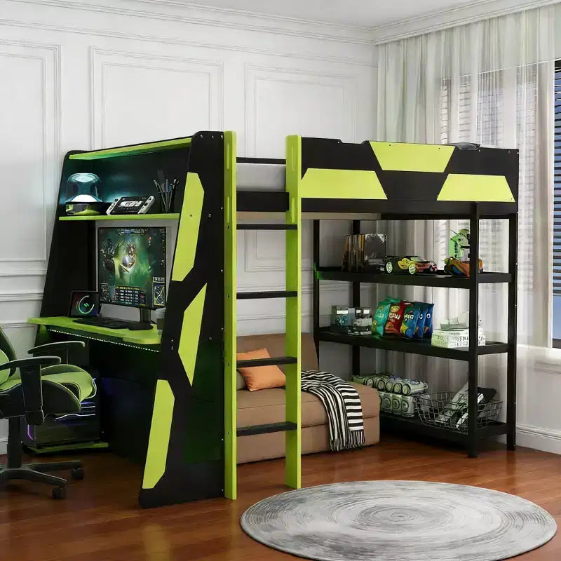 Luxystar Letto a soppalco completo da gaming con scrivania, mensole e luci