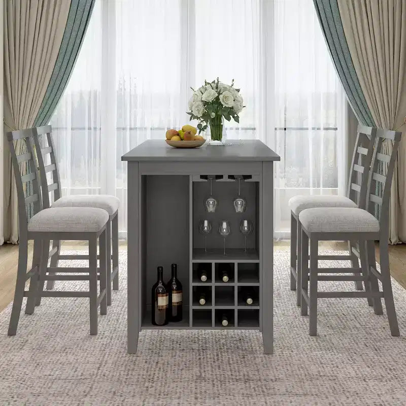 Set da pranzo da 5 pezzi in stile rustico ad altezza bancone con sedie per 4 persone, tavolo rettangolare in legno con ripiani e scomparto per vino