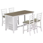 Set da pranzo da 5 pezzi in stile rustico ad altezza bancone con sedie per 4 persone, tavolo rettangolare in legno con ripiani e scomparto per vino