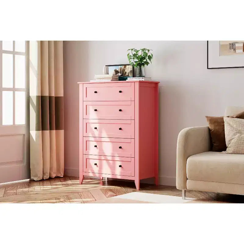 Cassettiera a 5 cassetti alta 108 cm per camera da letto, armadietto in legno con cassetti profondi 30 cm e pomelli in metallo dorato, ideale per ingresso o corridoio