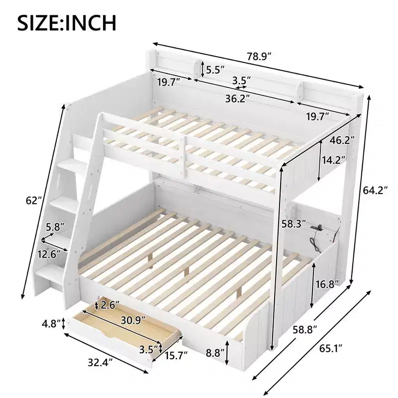 Letto a castello singolo su piazza e mezza con contenitore, luci LED e stazione di ricarica, letto a castello in legno con mensole laterali per bambini e ragazzi