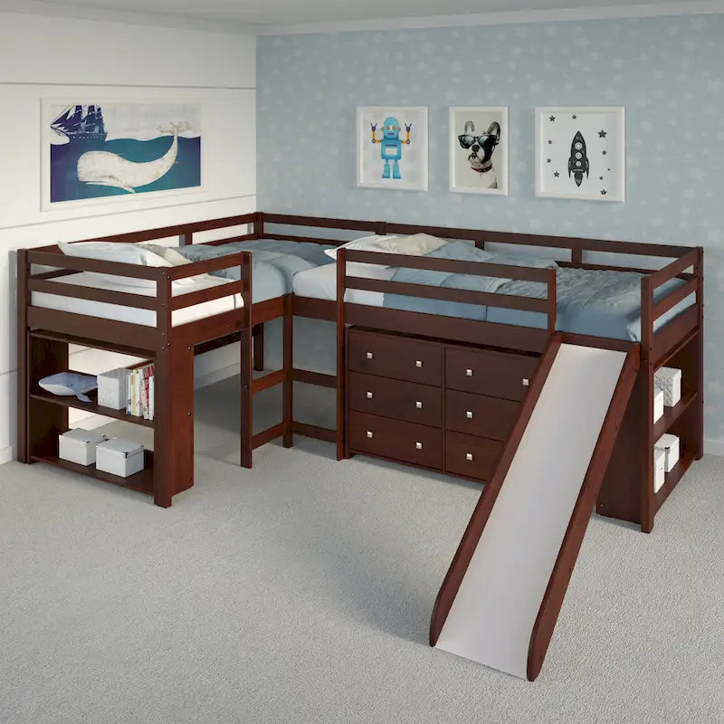 Letto a soppalco con scivolo a elle doppio e doppio in stile Dark Cappuccino