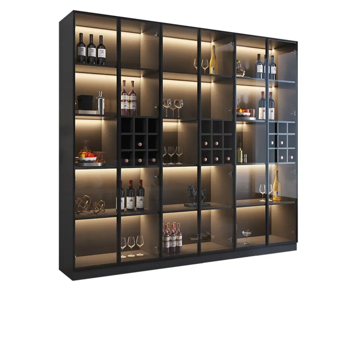 Mobile portabottiglie minimalista in legno nero con anta in vetro
