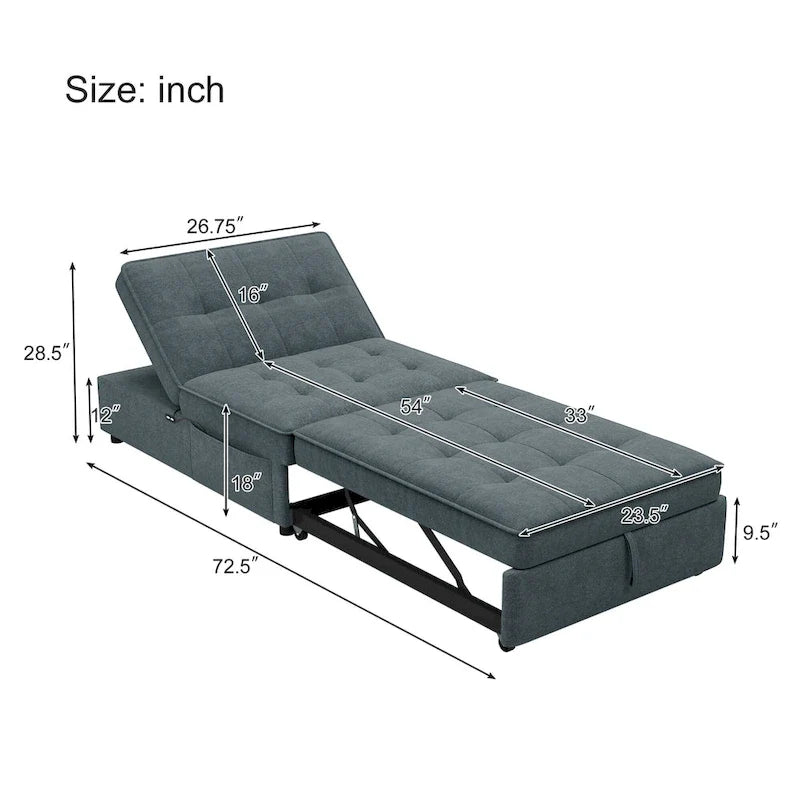 Divano letto a 3 posti 4-in-1 in lino da 72,5 pollici con schienale regolabile su 5 livelli e tasca portaoggetti