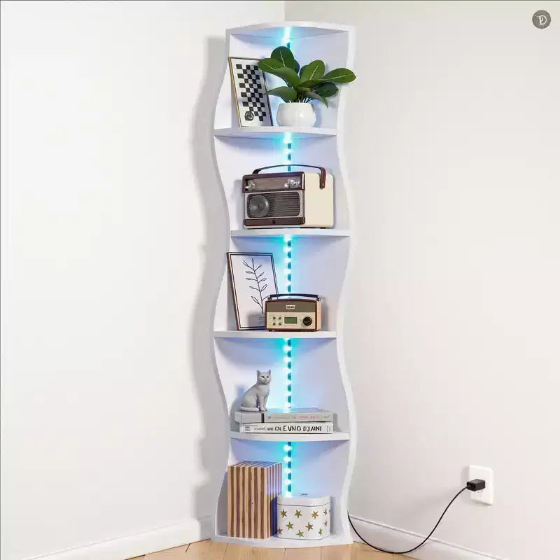 VECELO Scaffale angolare a 5 ripiani Wave, Scaffale verticale alto per piccoli spazi e soggiorno, Bianco