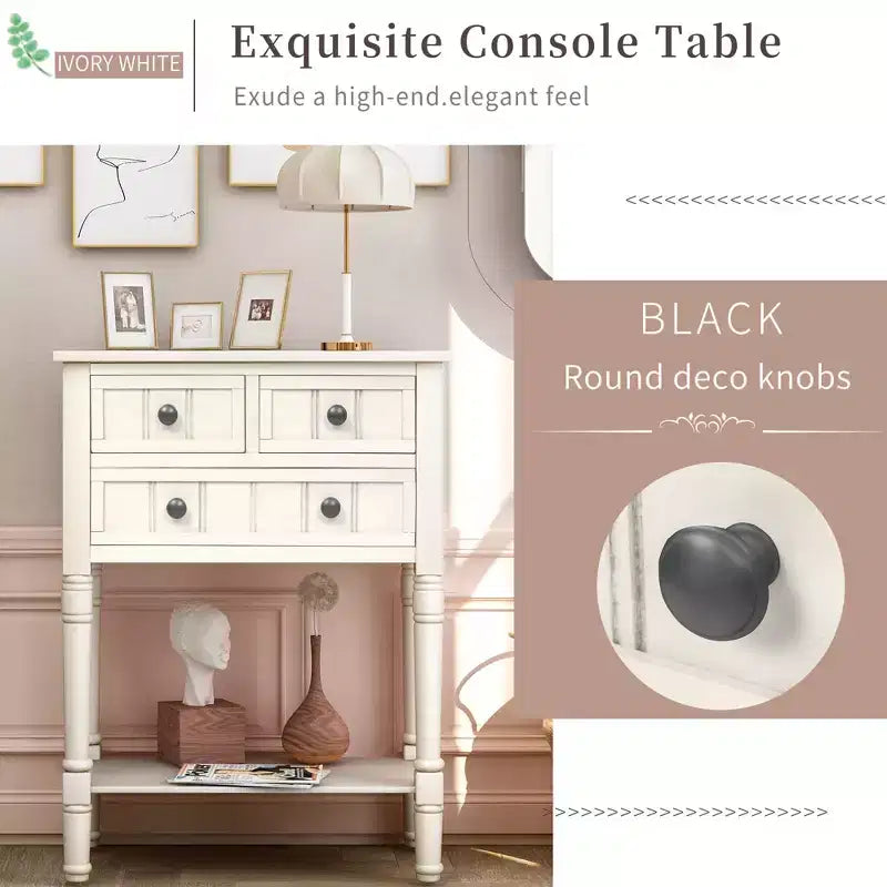 Tavolino consolle stretto da 60 cm con 3 cassetti e ripiano, tavolino da divano per ingresso o soggiorno di piccoli spazi