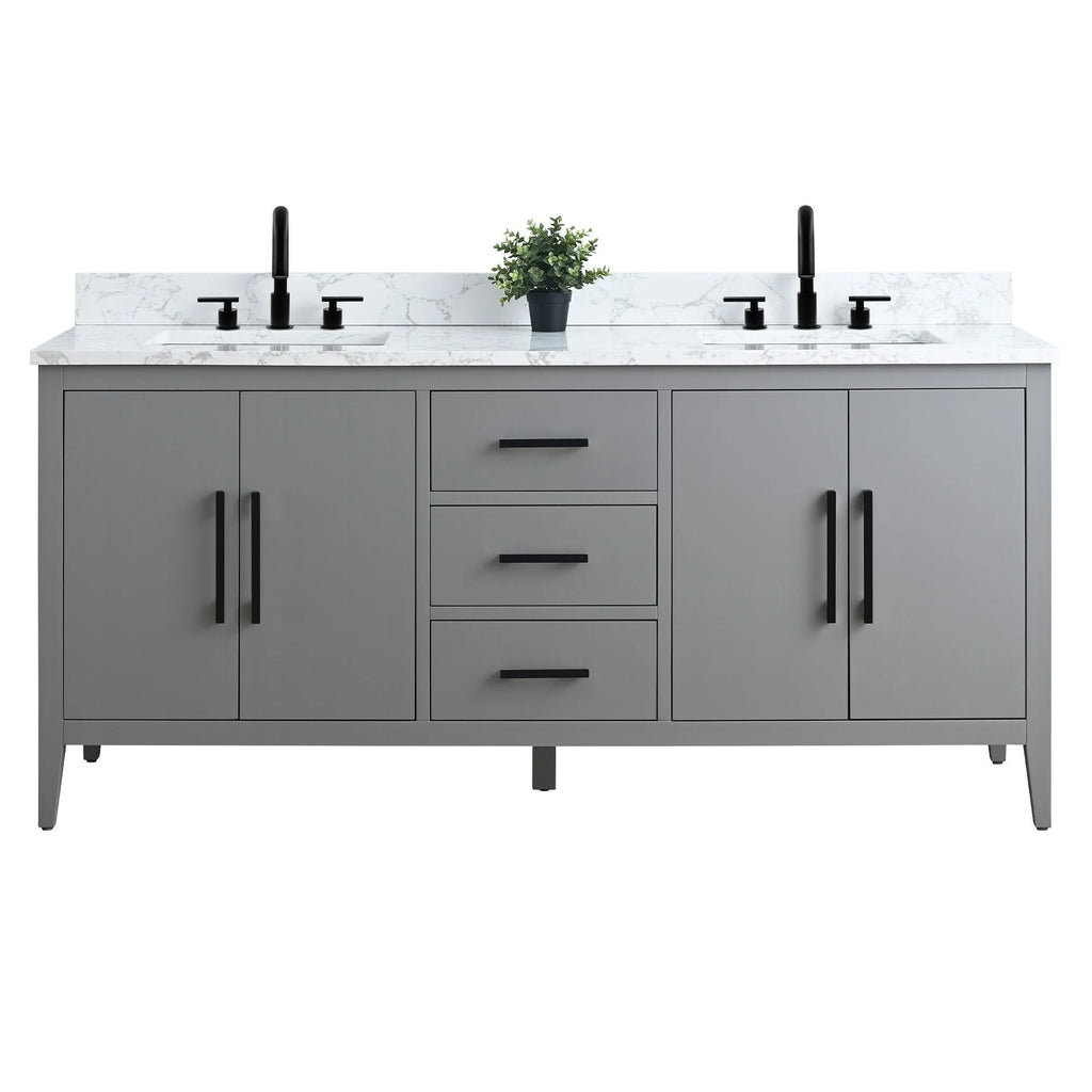 Mobile lavabo doppio Vanity Art 72 per bagno, con top in marmo tecnico
