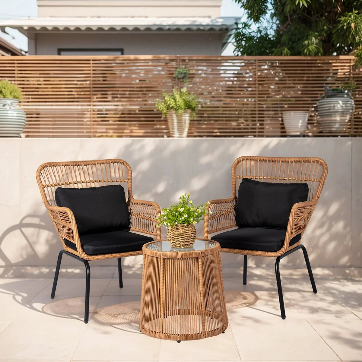 Set da Bistrò per Conversazione da Esterno a 3 Pezzi in Vimini, Set di Sedie da Patio in Rattan per Tutte le Stagioni con Cuscini