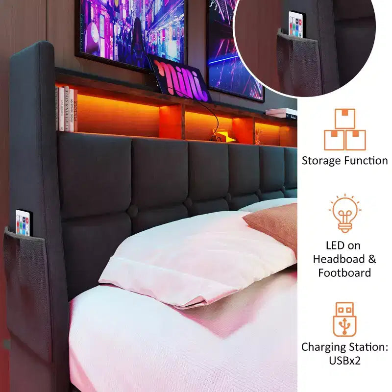 Letto Queen Size con Contenitore Idraulico, LED, USB, Testiera Imbottita, Nessuna Rete a Molle, Facile Montaggio