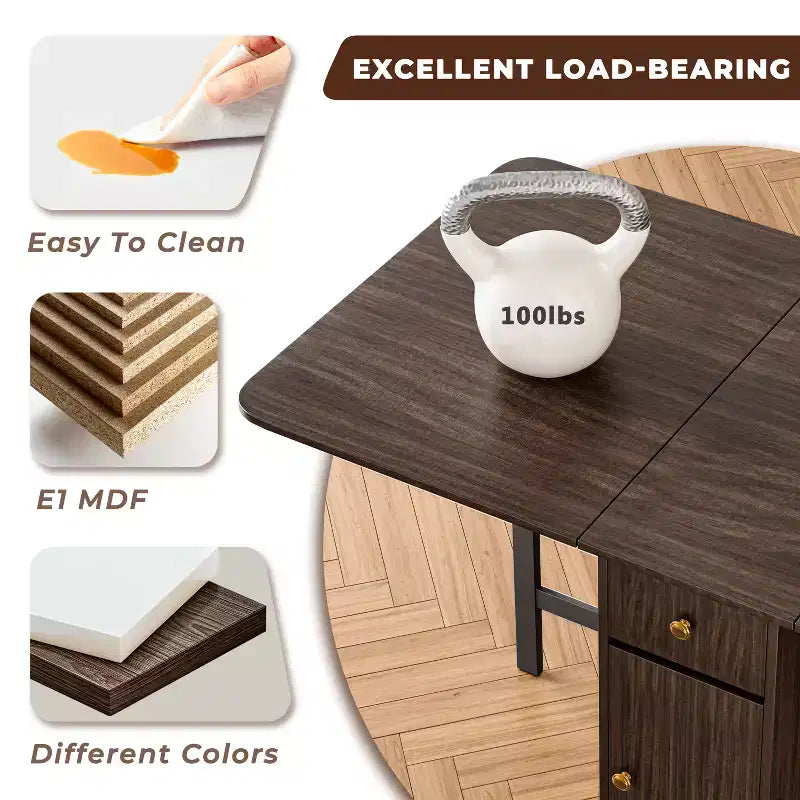 Tavolo da pranzo pieghevole ATJafurn 59'' con ante a ribalta per piccoli spazi, tavolo da cucina rettangolare estensibile in legno con ruote e contenitore
