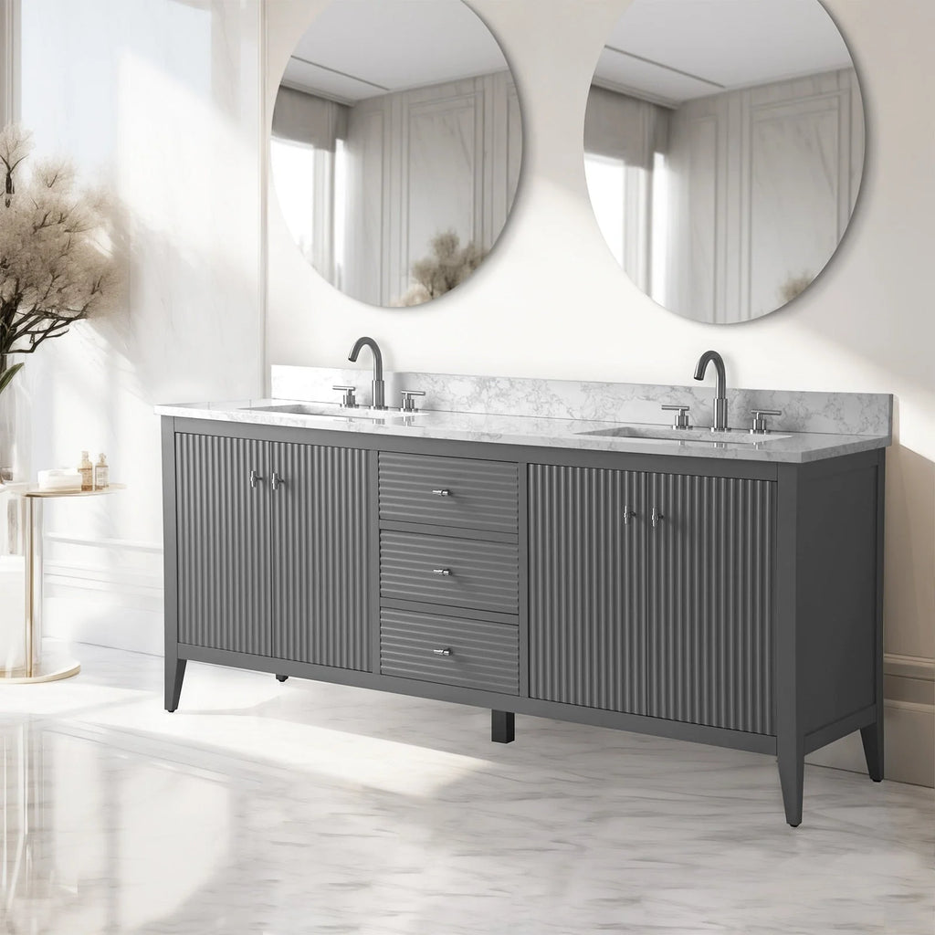Mobile lavabo doppio Vanity Art 72 per bagno, con top in marmo tecnico