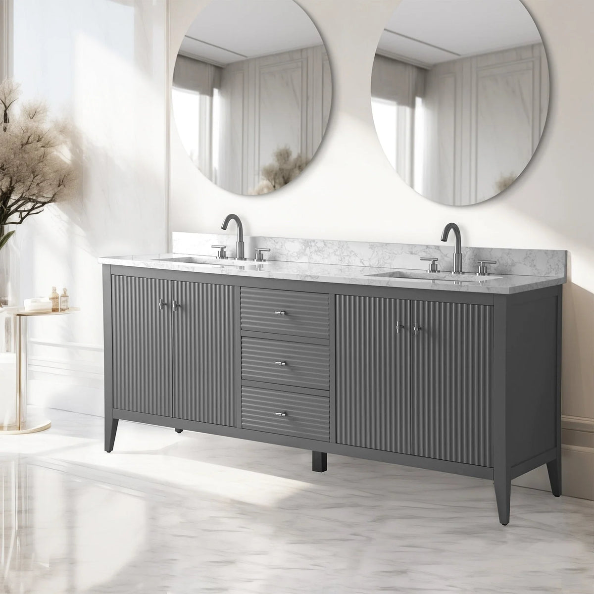 Mobile lavabo doppio Vanity Art 72 per bagno, con top in marmo tecnico
