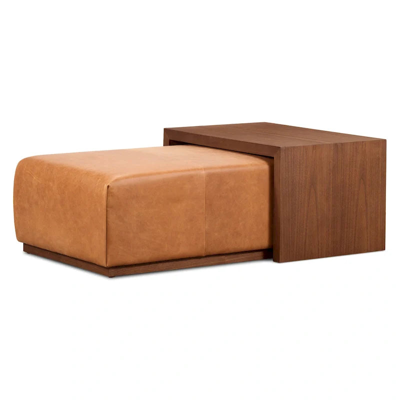 Poly & Bark Pouf Jarmo con Tavolino Regolabile in Noce - Vera Pelle Italiana Pieno Fiore