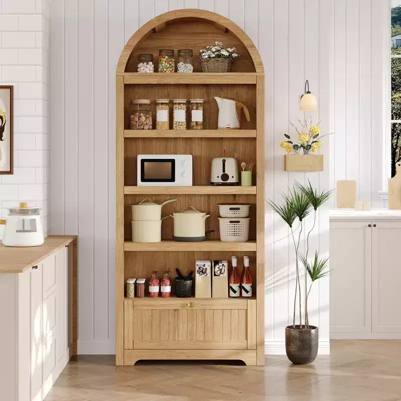 Libreria ad arco da 72 pollici con cassetto portaoggetti, mobile espositivo moderno a 6 ripiani in legno con ripiani aperti e cassetto inferiore, anta curva dell'armadio