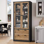 Mobile dispensa da cucina colonica con ante in vetro, armadio contenitore da 72 pollici con cassetti e ripiani regolabili per sala da pranzo, bagno, soggiorno