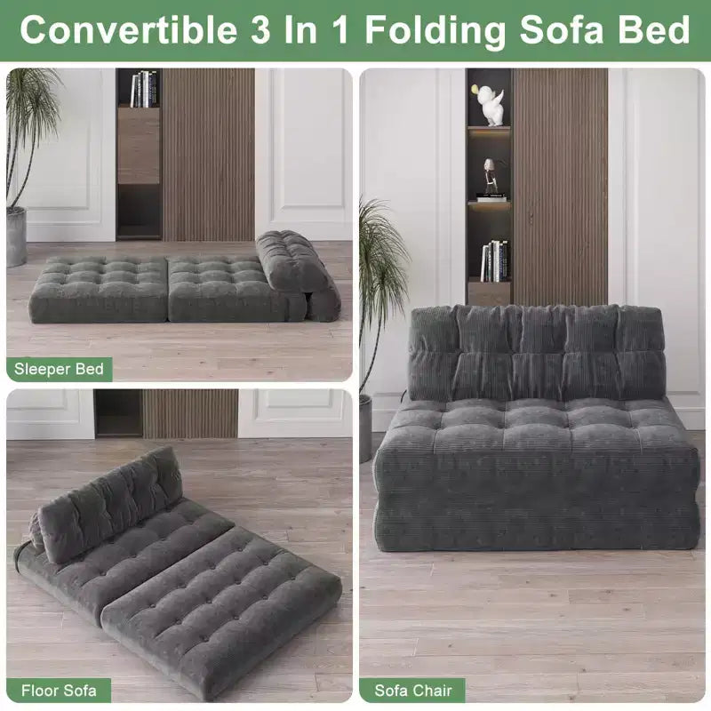 Divano Letto Futon Pieghevole in Velluto a Coste, Sedia Convertibile da Terra con Cuscino e Supporto per la Schiena