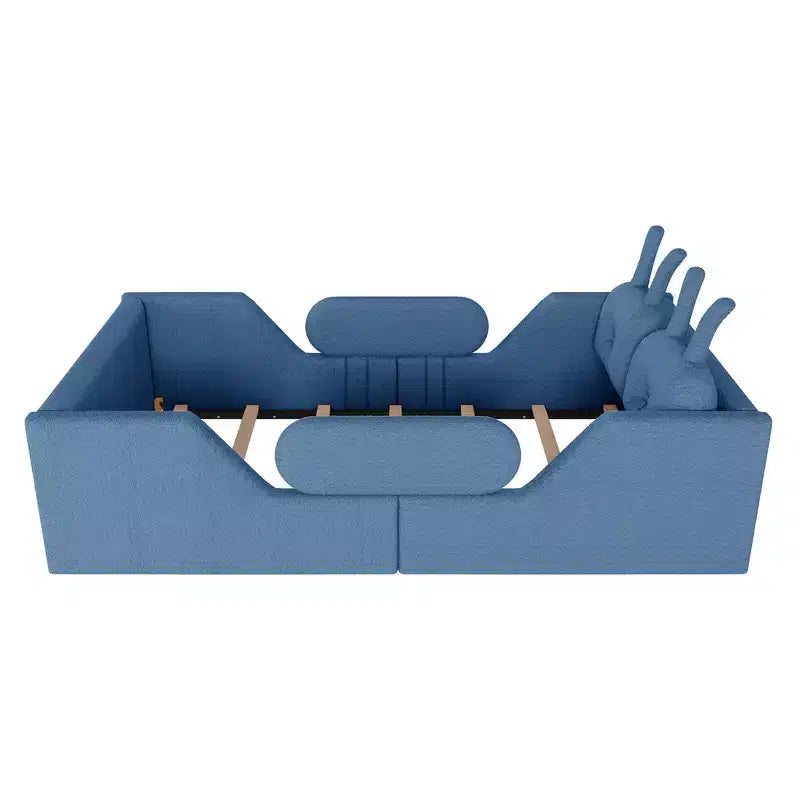 Letto a piattaforma Whisen Twin, struttura letto imbottita per bambini con cuscino a coniglio, sponde laterali rimovibili