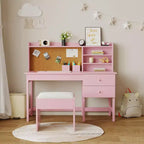 Set Scrivania e Sedia per Bambini, Tavolo da Studio in Legno con Piano Inclinabile Regolabile, Cassetti e Bacheca in Sughero - Set Scrivania per la Scuola dei Bambini