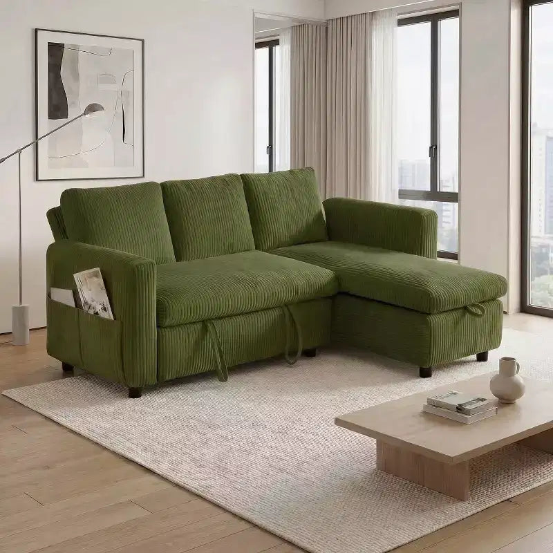 Dyonery Divano Letto Angolare 81, Divano Estraibile a L con Chaise Longue Reversibile con Contenitore, USB, Schienale Reclinabile