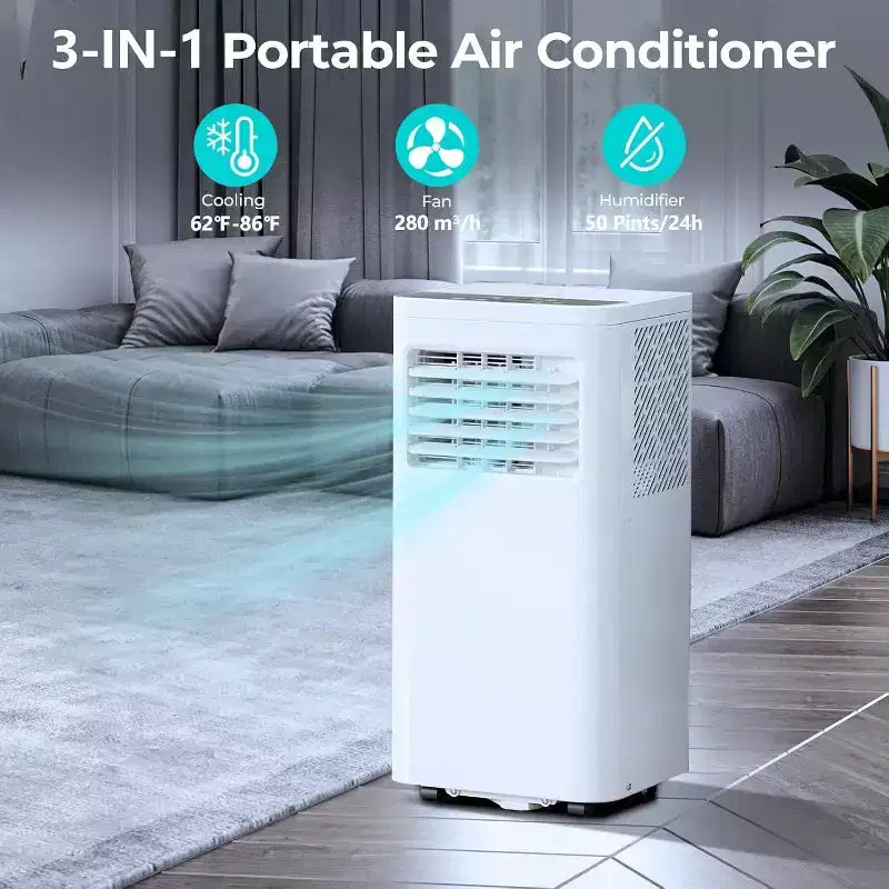 Condizionatore portatile da 8.000 BTU, unità 3 in 1 con 4 modalità, timer, display LED, telecomando e kit di installazione, per camera da letto/soggiorno/ufficio, bianco.