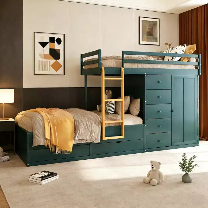 Letto a castello matrimoniale moderno con armadio integrato e 7 cassetti contenitore